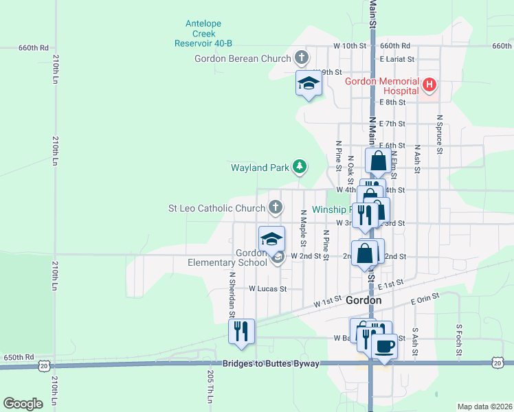 map of restaurants, bars, coffee shops, grocery stores, and more near 347 North Cornell Street in Gordon