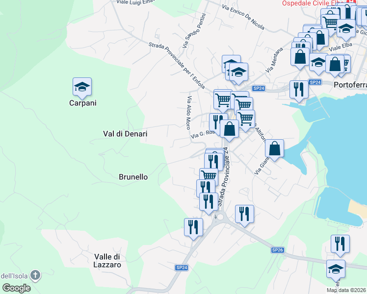 map of restaurants, bars, coffee shops, grocery stores, and more near 6 Via Barbiellini Amidei in Portoferraio
