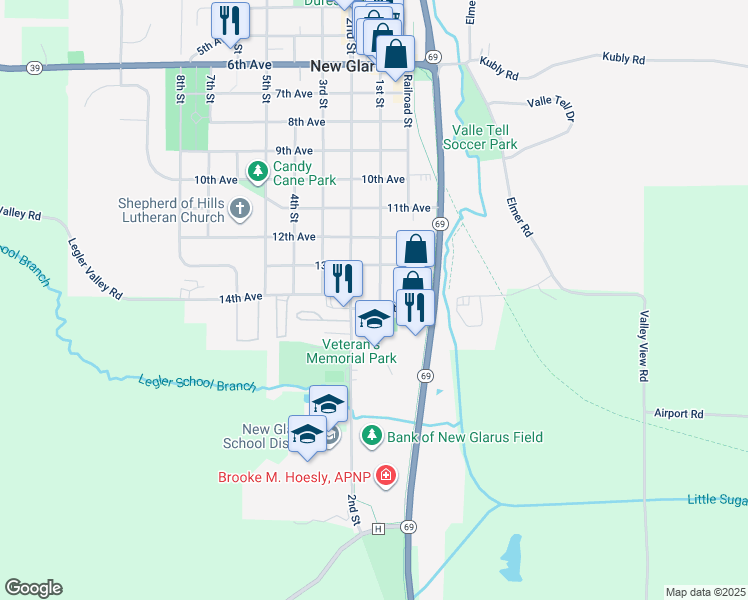 map of restaurants, bars, coffee shops, grocery stores, and more near 1319 1st St in New Glarus