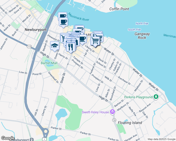 map of restaurants, bars, coffee shops, grocery stores, and more near 68 Federal Street in Newburyport