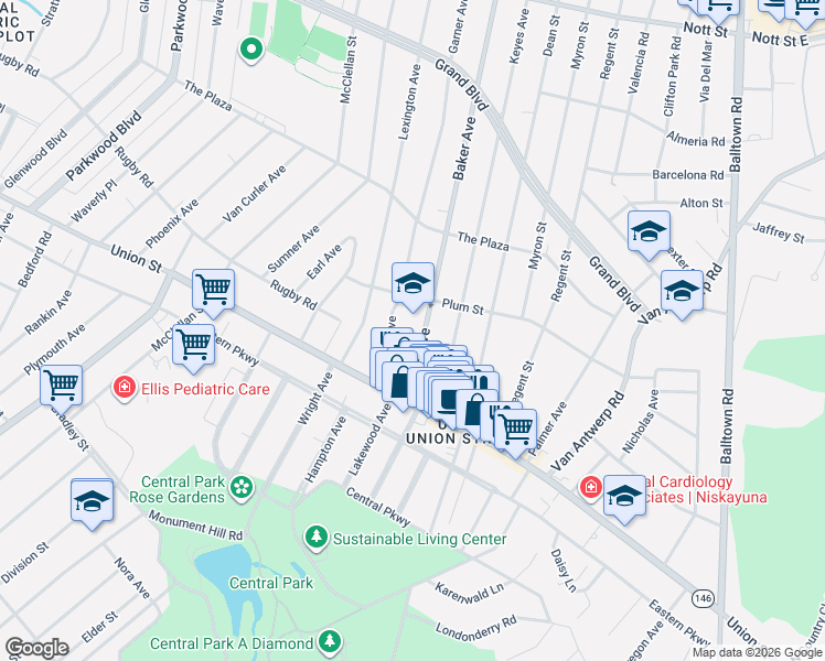 map of restaurants, bars, coffee shops, grocery stores, and more near 1062 Baker Avenue in Schenectady