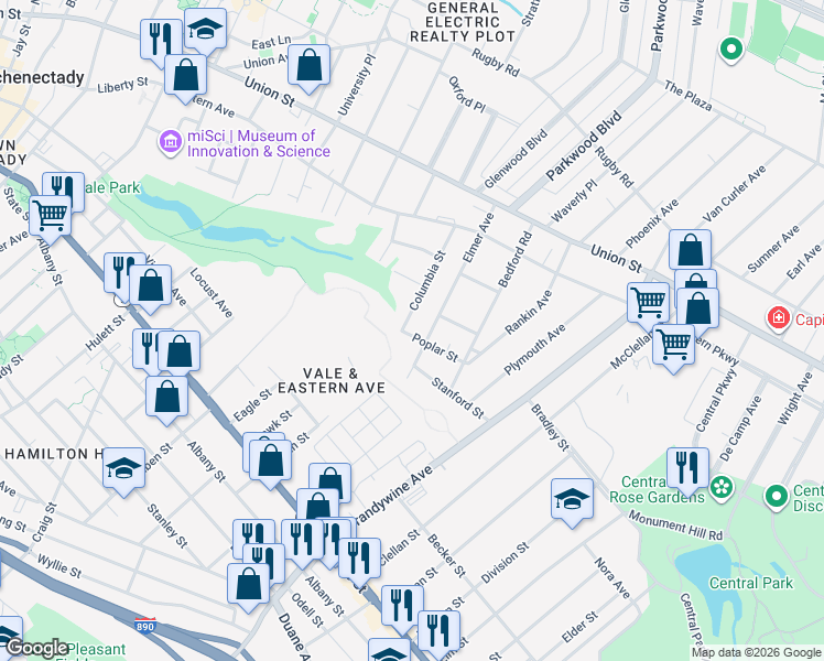 map of restaurants, bars, coffee shops, grocery stores, and more near 1252 Poplar Street in Schenectady