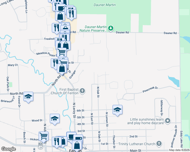 map of restaurants, bars, coffee shops, grocery stores, and more near 1108 East Oak Drive in Fenton