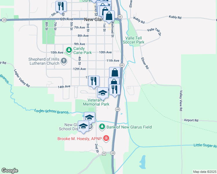 map of restaurants, bars, coffee shops, grocery stores, and more near 1319 1st Street in New Glarus