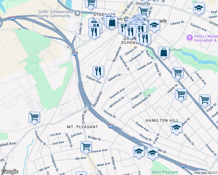 map of restaurants, bars, coffee shops, grocery stores, and more near 196 Veeder Avenue in Schenectady