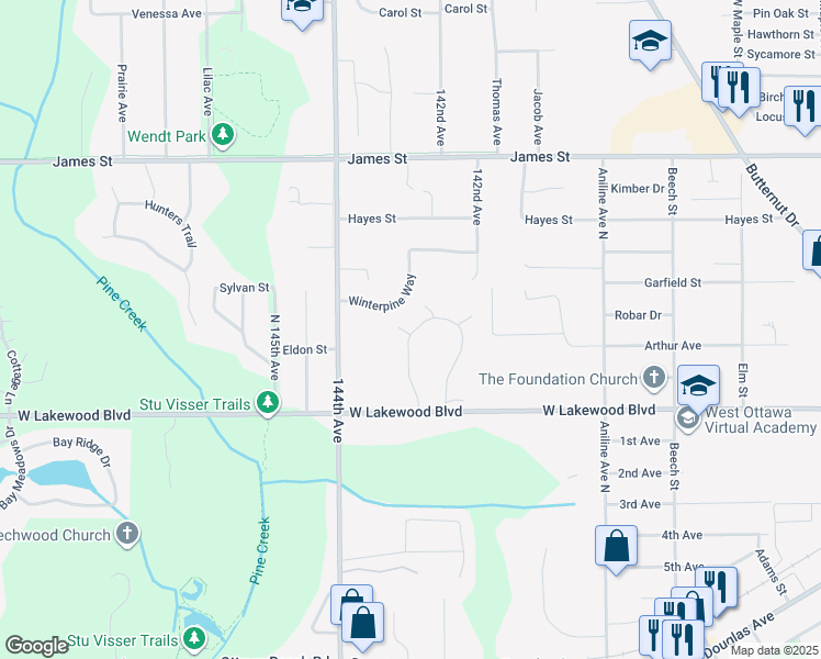 map of restaurants, bars, coffee shops, grocery stores, and more near 332 Winter Oak West in Holland