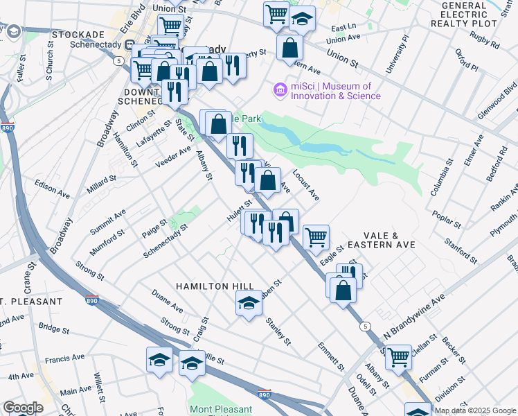map of restaurants, bars, coffee shops, grocery stores, and more near 812 State Street in Schenectady