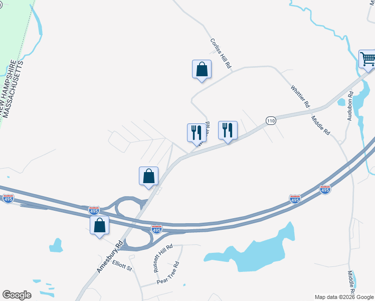 map of restaurants, bars, coffee shops, grocery stores, and more near 2 Whittier Road in Haverhill