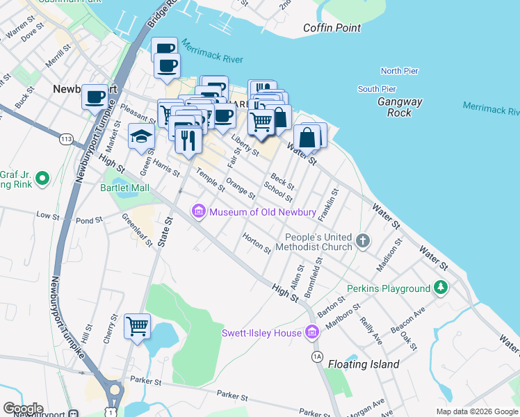 map of restaurants, bars, coffee shops, grocery stores, and more near 14 Milk Street in Newburyport