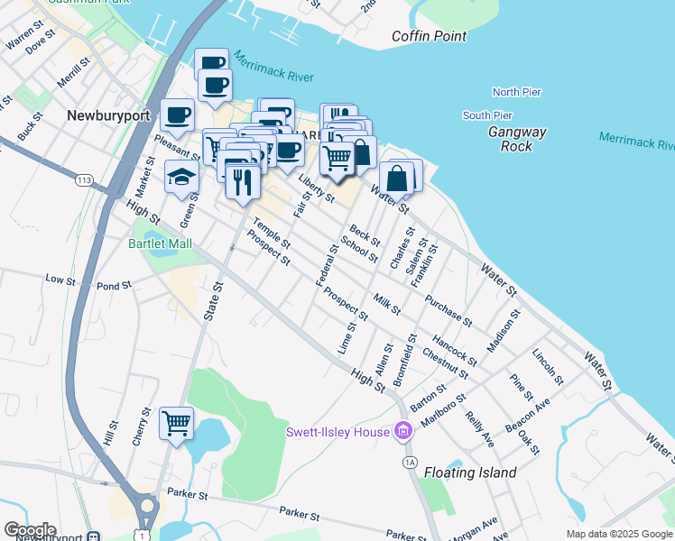 map of restaurants, bars, coffee shops, grocery stores, and more near 4 Milk Street in Newburyport