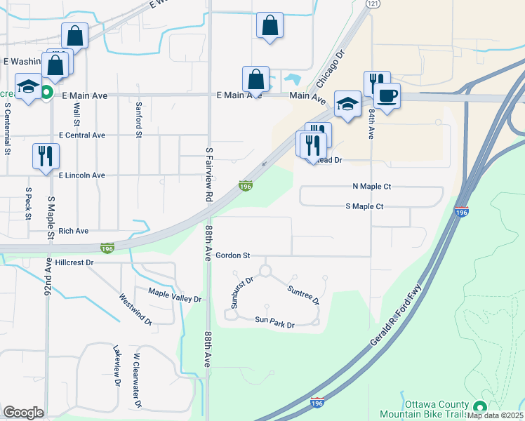 map of restaurants, bars, coffee shops, grocery stores, and more near 8665 Maple Lane in Zeeland