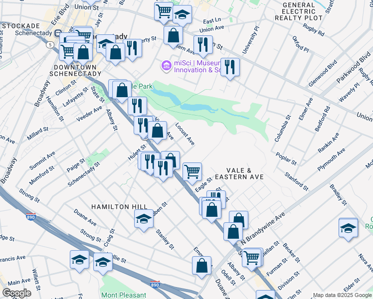 map of restaurants, bars, coffee shops, grocery stores, and more near 17 Catherine Street in Schenectady