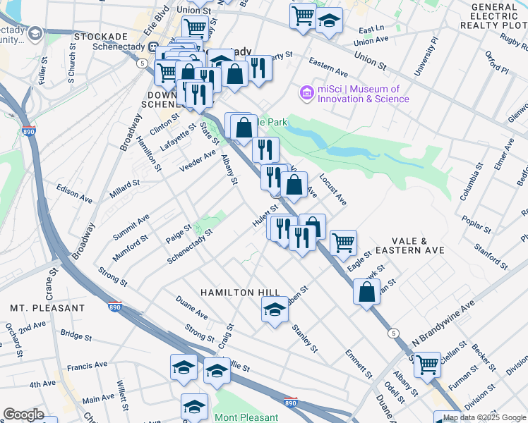 map of restaurants, bars, coffee shops, grocery stores, and more near 780 Albany Street in Schenectady