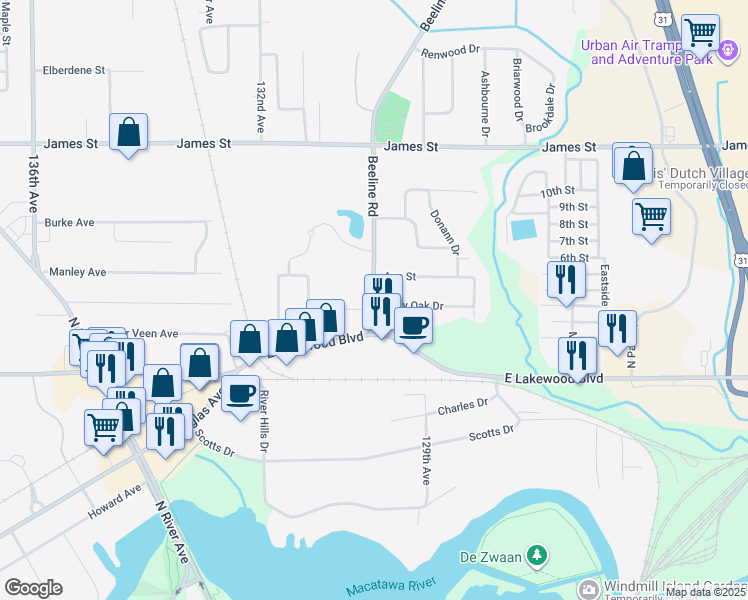 map of restaurants, bars, coffee shops, grocery stores, and more near 307 Beeline Road in Holland