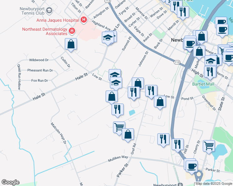 map of restaurants, bars, coffee shops, grocery stores, and more near 2 Perry Way in Newburyport
