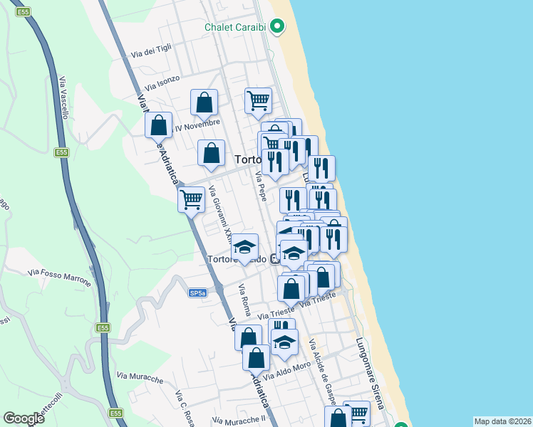 map of restaurants, bars, coffee shops, grocery stores, and more near 57 Via Pepe in Tortoreto Lido