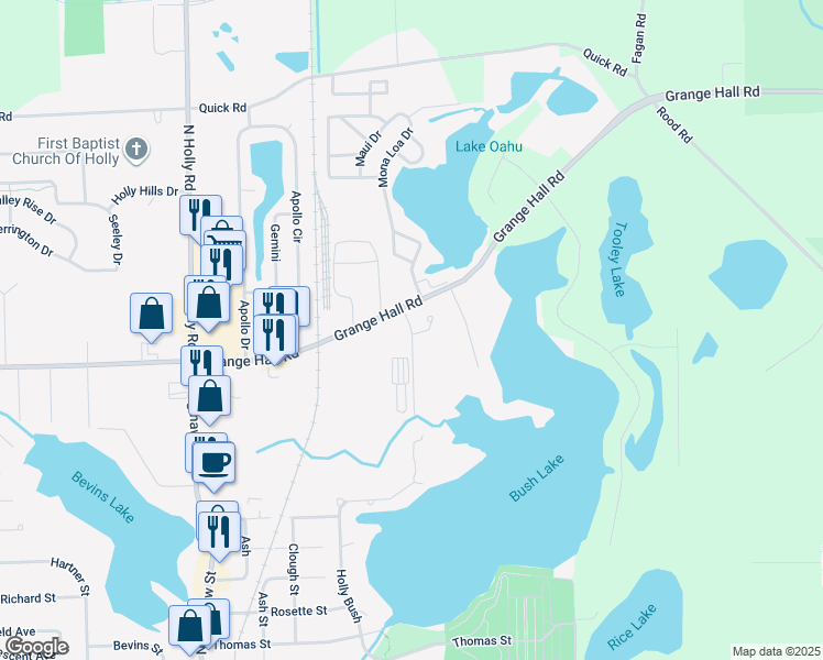 map of restaurants, bars, coffee shops, grocery stores, and more near 1190 Bay Court in Holly