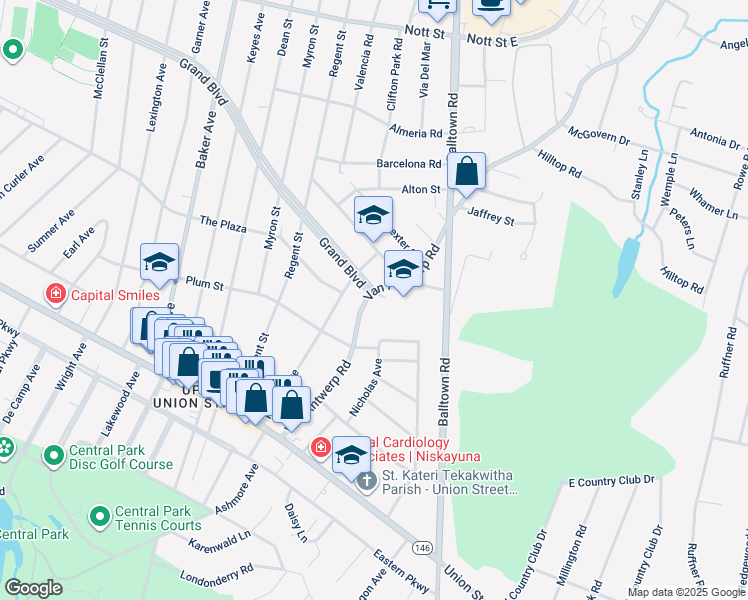 map of restaurants, bars, coffee shops, grocery stores, and more near 1174 Van Antwerp Road in Schenectady County