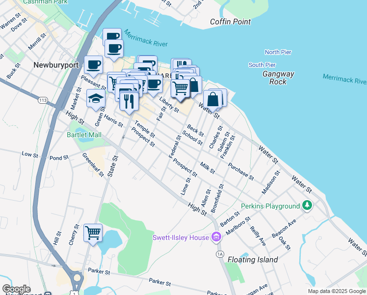 map of restaurants, bars, coffee shops, grocery stores, and more near 14 Milk Street in Newburyport