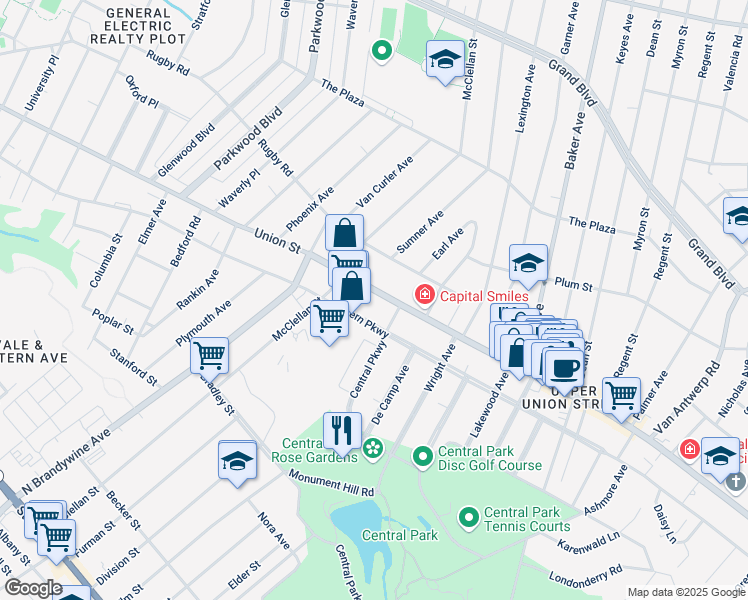 map of restaurants, bars, coffee shops, grocery stores, and more near 1637 Eastern Parkway in Schenectady