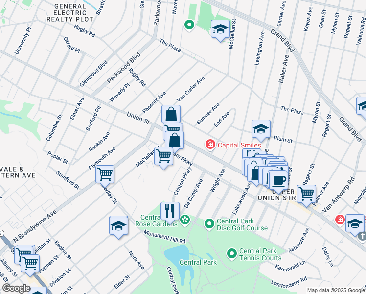 map of restaurants, bars, coffee shops, grocery stores, and more near 1637 Eastern Parkway in Schenectady