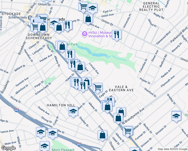 map of restaurants, bars, coffee shops, grocery stores, and more near 17 Catherine Street in Schenectady