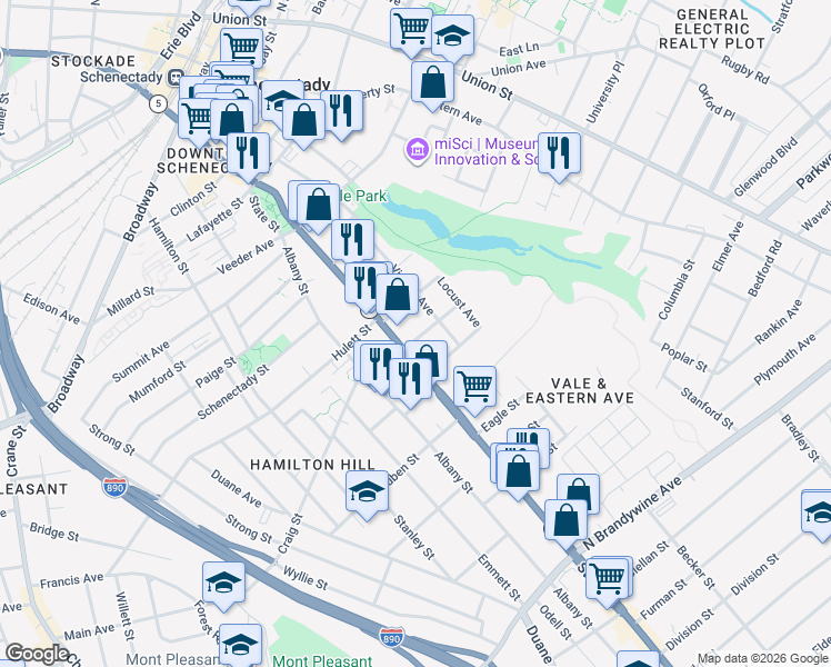 map of restaurants, bars, coffee shops, grocery stores, and more near in Schenectady