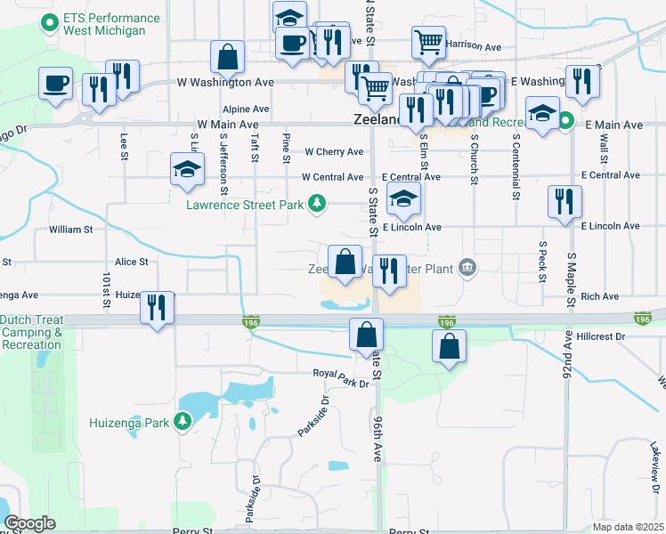 map of restaurants, bars, coffee shops, grocery stores, and more near 300 South State Street in Zeeland