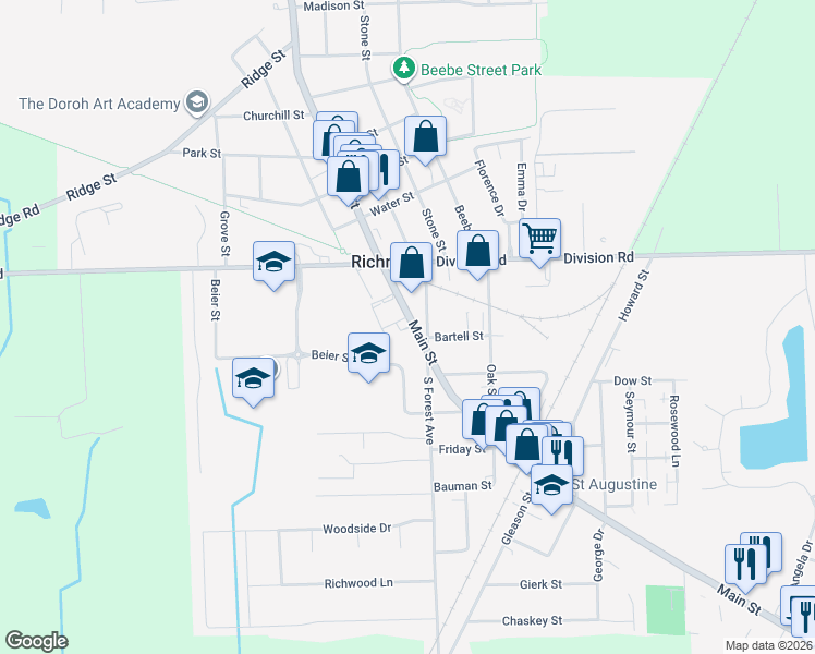 map of restaurants, bars, coffee shops, grocery stores, and more near 68739 Main Street in Richmond
