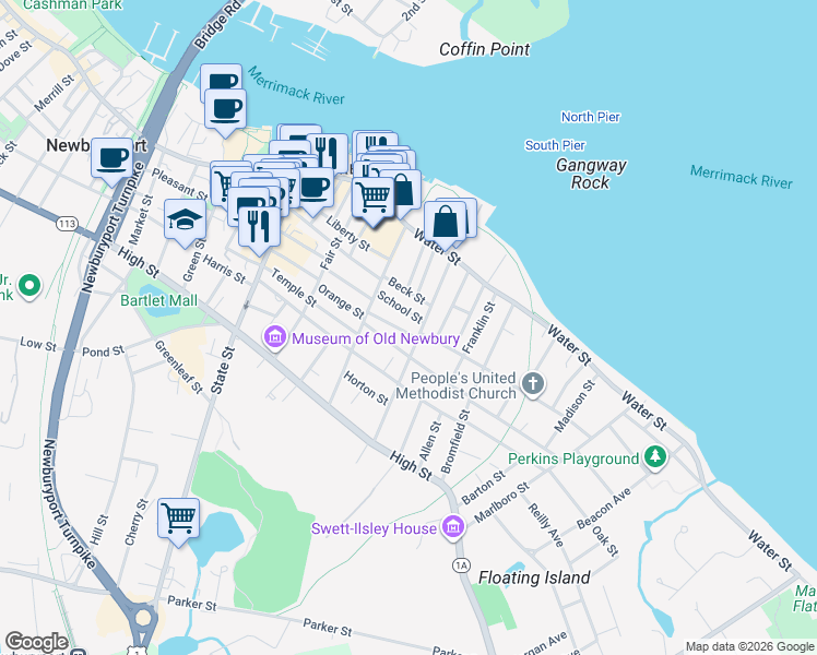 map of restaurants, bars, coffee shops, grocery stores, and more near 2 Purchase Street in Newburyport