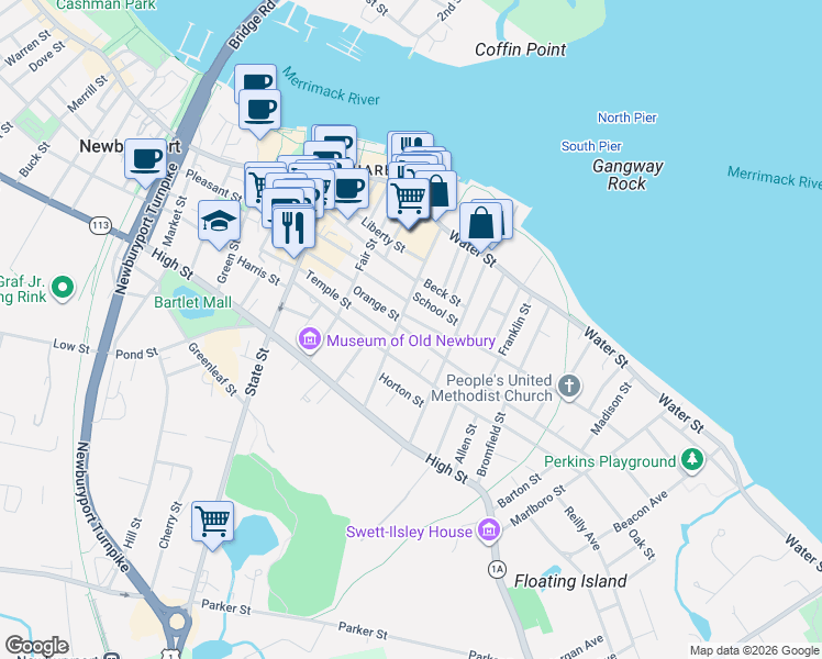 map of restaurants, bars, coffee shops, grocery stores, and more near 14 Milk Street in Newburyport