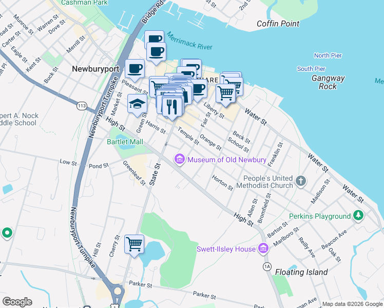 map of restaurants, bars, coffee shops, grocery stores, and more near 3 Fruit Street in Newburyport