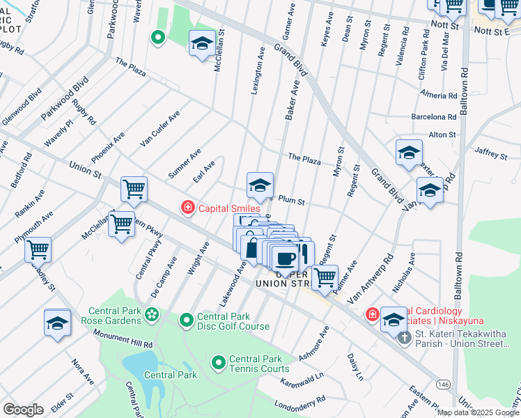 map of restaurants, bars, coffee shops, grocery stores, and more near 1065 Baker Avenue in Schenectady