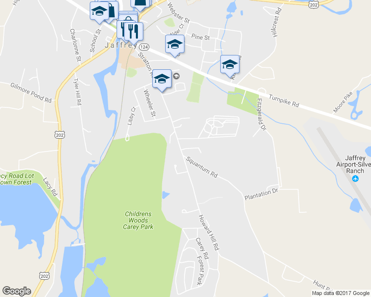map of restaurants, bars, coffee shops, grocery stores, and more near 18 Forcier Way in Jaffrey
