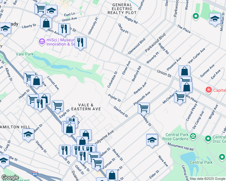 map of restaurants, bars, coffee shops, grocery stores, and more near 153 Elmer Avenue in Schenectady