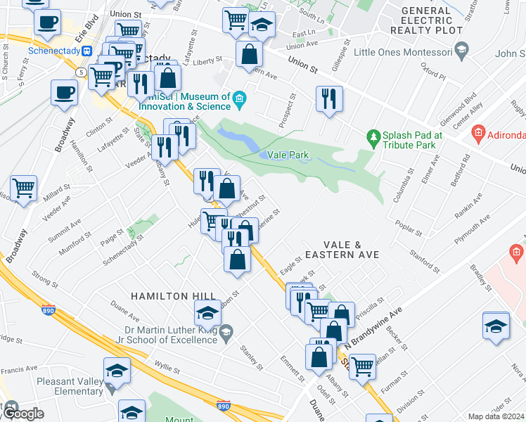 map of restaurants, bars, coffee shops, grocery stores, and more near 17 Catherine Street in Schenectady