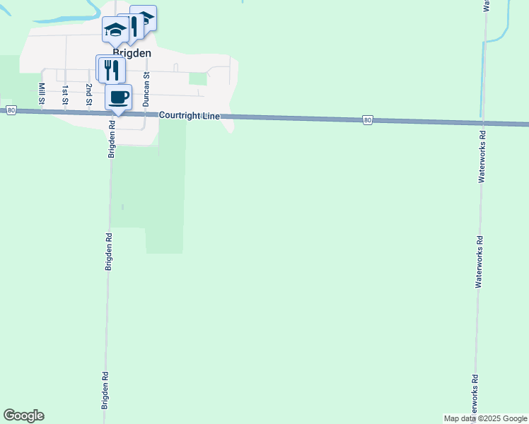 map of restaurants, bars, coffee shops, grocery stores, and more near 2525 Courtright Line in Brigden