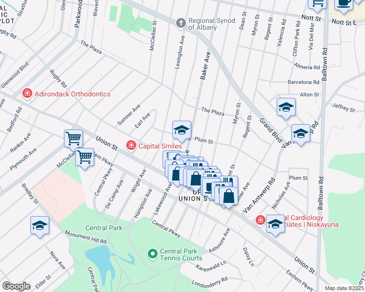 map of restaurants, bars, coffee shops, grocery stores, and more near 1065 Baker Avenue in Schenectady