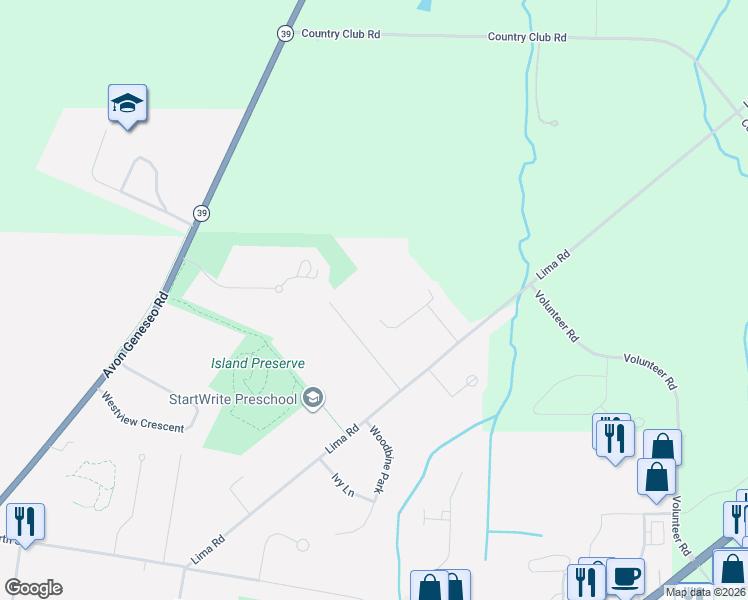 map of restaurants, bars, coffee shops, grocery stores, and more near 89 Steeplechase in Geneseo