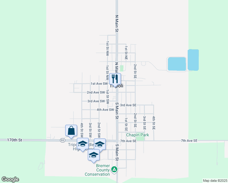 map of restaurants, bars, coffee shops, grocery stores, and more near 303 1st Street Southwest in Tripoli