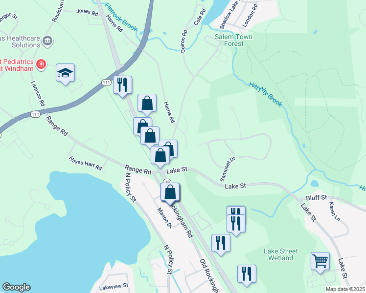 map of restaurants, bars, coffee shops, grocery stores, and more near 18 Shadow Lake Road in Salem