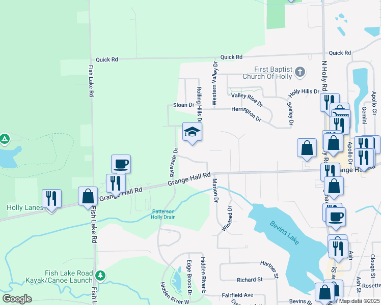 map of restaurants, bars, coffee shops, grocery stores, and more near 3231 Grange Hall Road in Holly