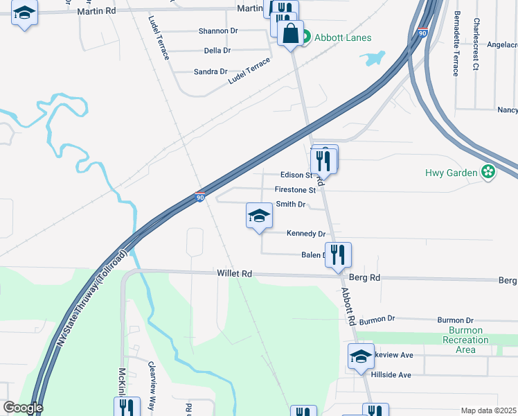 map of restaurants, bars, coffee shops, grocery stores, and more near 4 Kennedy Drive in Buffalo