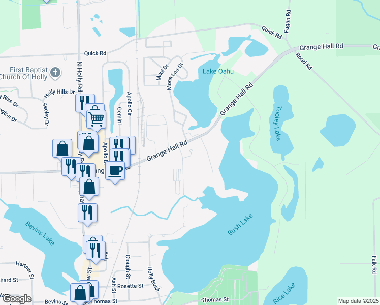 map of restaurants, bars, coffee shops, grocery stores, and more near 1190 Bay Court in Holly