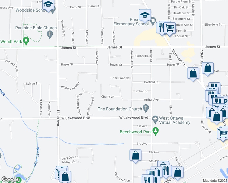 map of restaurants, bars, coffee shops, grocery stores, and more near 480 Cherry Lane in Holland