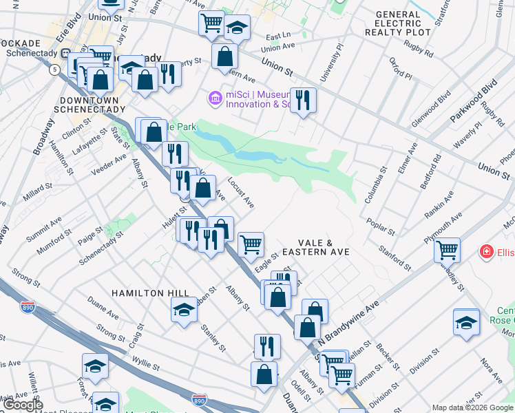 map of restaurants, bars, coffee shops, grocery stores, and more near 833 Locust Avenue in Schenectady
