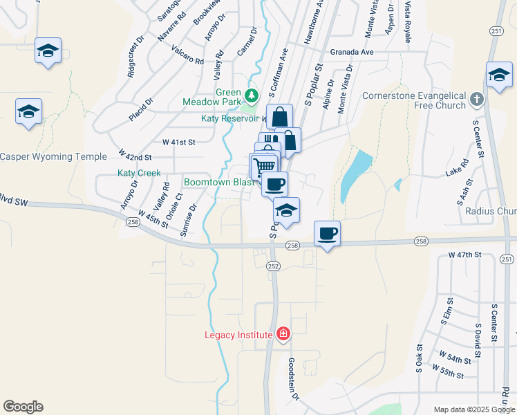 map of restaurants, bars, coffee shops, grocery stores, and more near 4400 South Poplar Street in Casper
