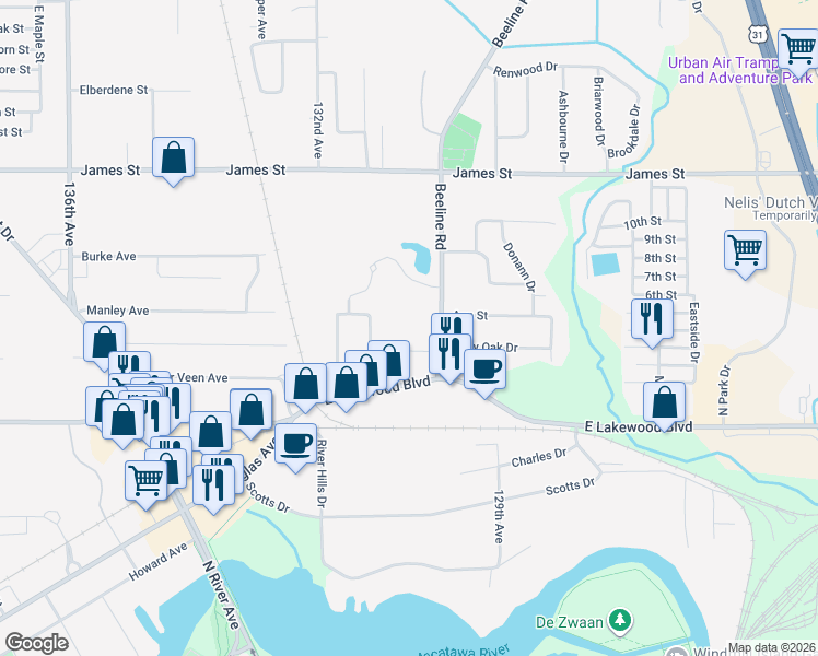 map of restaurants, bars, coffee shops, grocery stores, and more near 326 Beeline Road in Holland