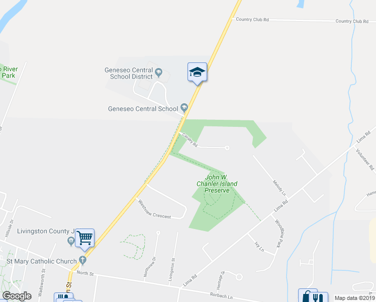 map of restaurants, bars, coffee shops, grocery stores, and more near 12 Cavalry Road in Geneseo