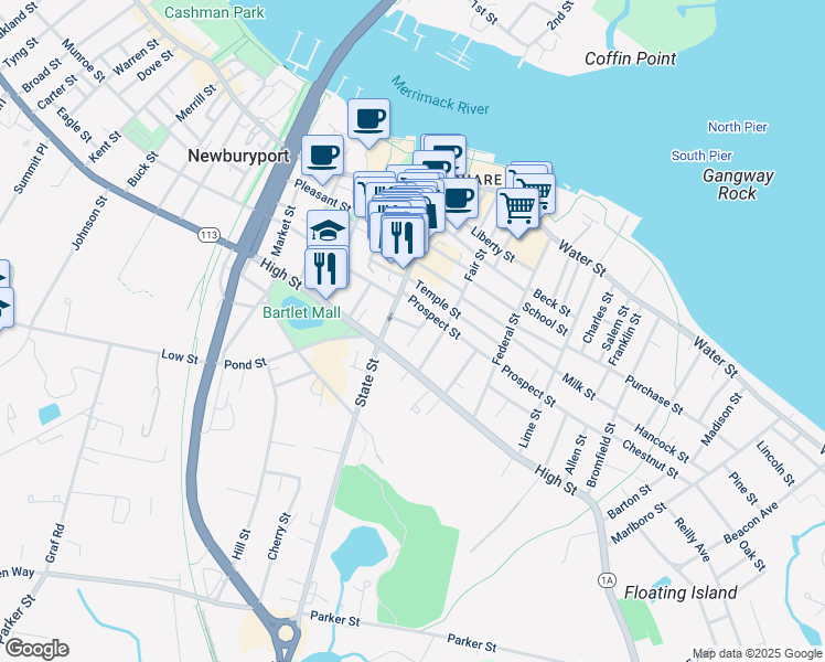 map of restaurants, bars, coffee shops, grocery stores, and more near 25 Otis Place in Newburyport